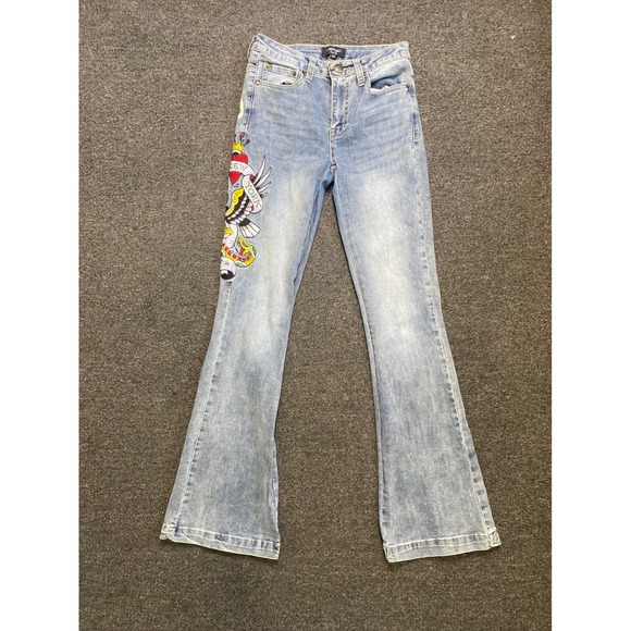 Ed Hardy Flare Blue Jeans Womens 26x32 Tattoo Graphic Embroidered Skull Grunge - Picture 2 of 12